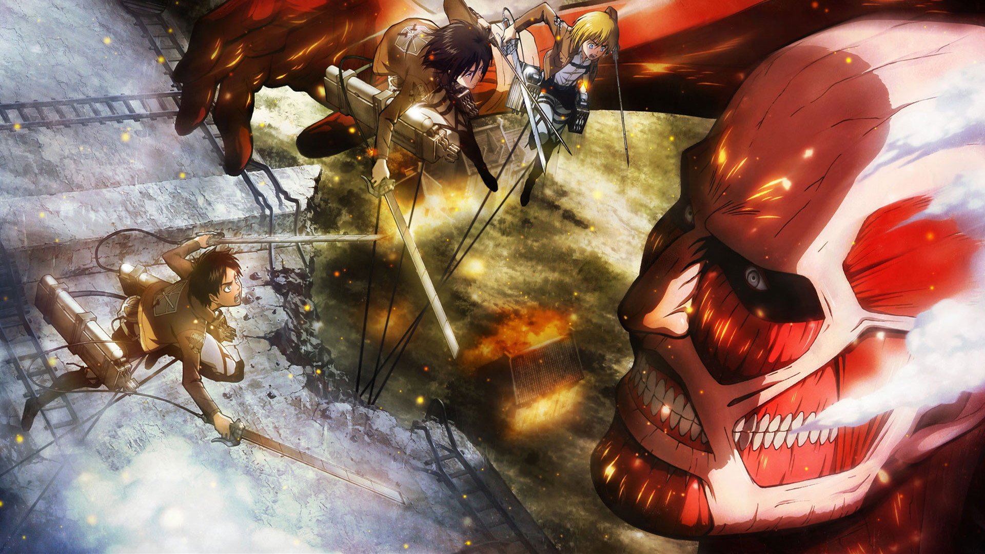 The Colossal Titan, and the soldiers flying at it.